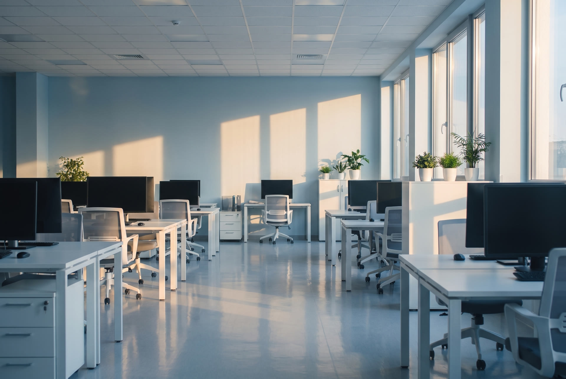 Aufgeräumtes Büro mit sauberen Schreibtischen am frühen Morgen